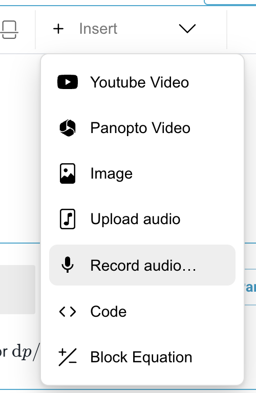 App showing audio insert on menu