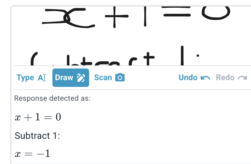 App showing handwriting input converted to maths and text, with multiple lines