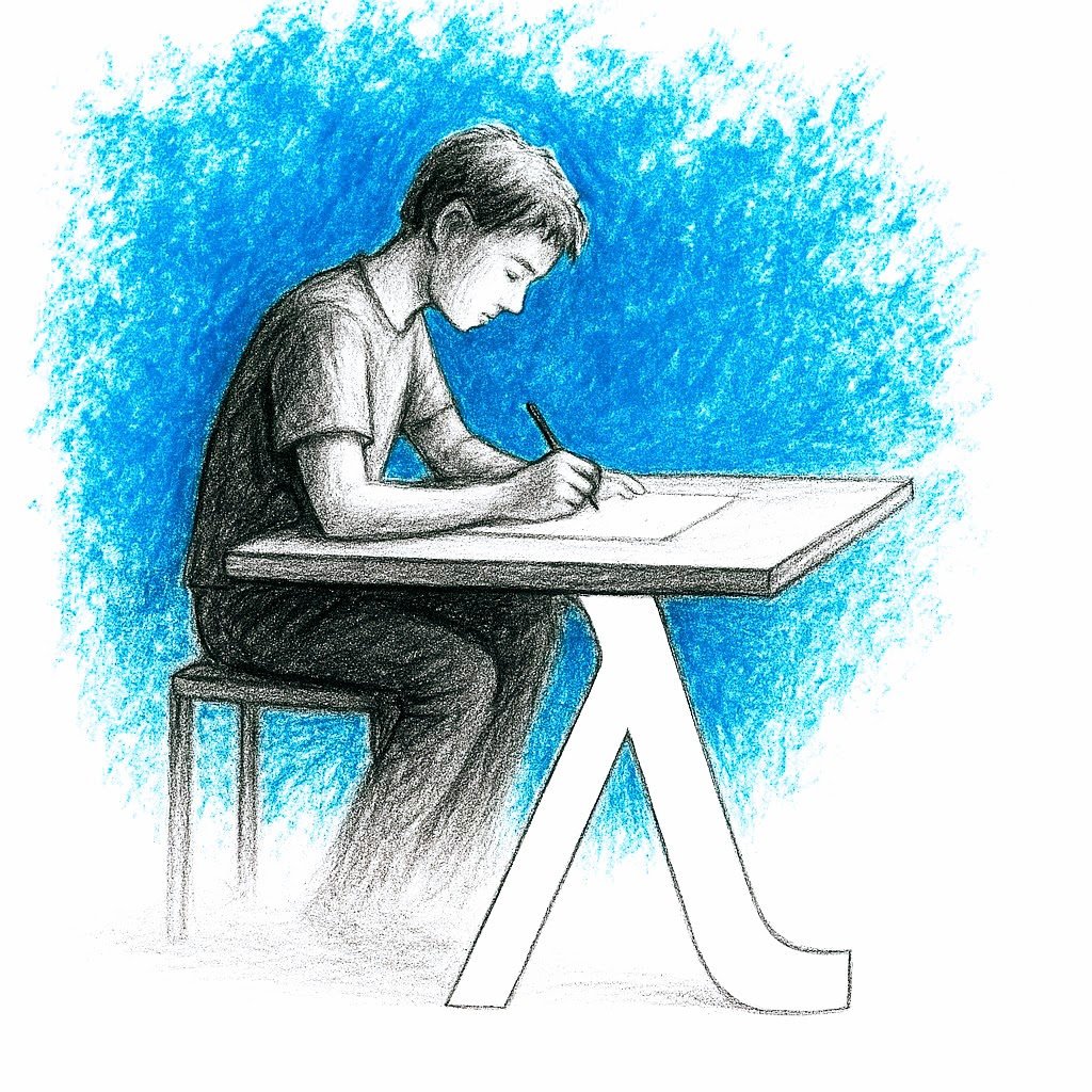 A student works at a desk with pen and paper. The desk is supported by a lambda.