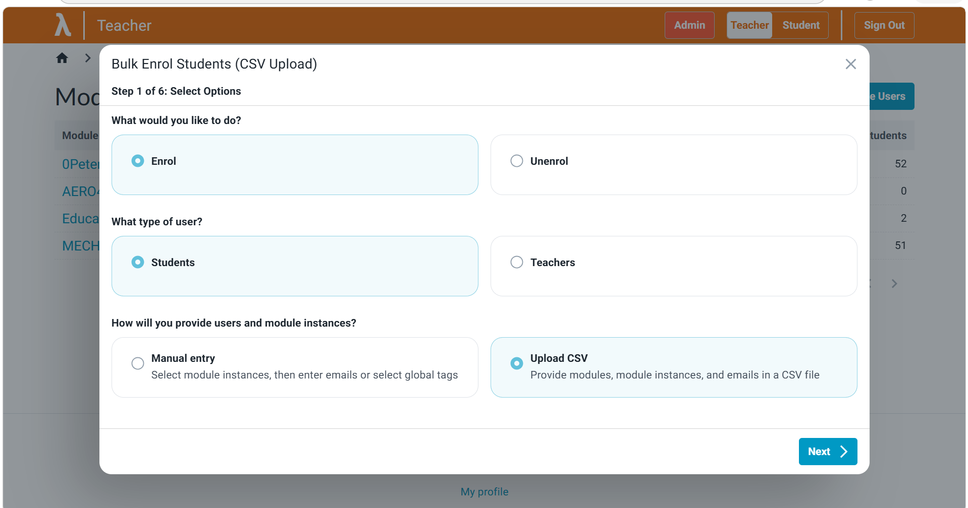 Enrol, Students and Upload CSV options