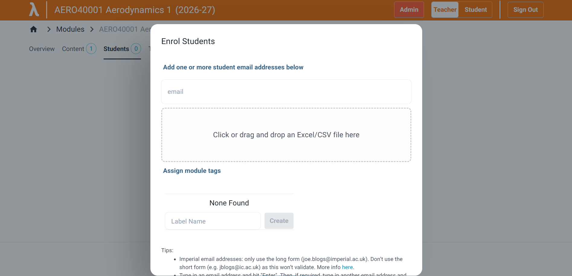 Enrol Students dialog with email box