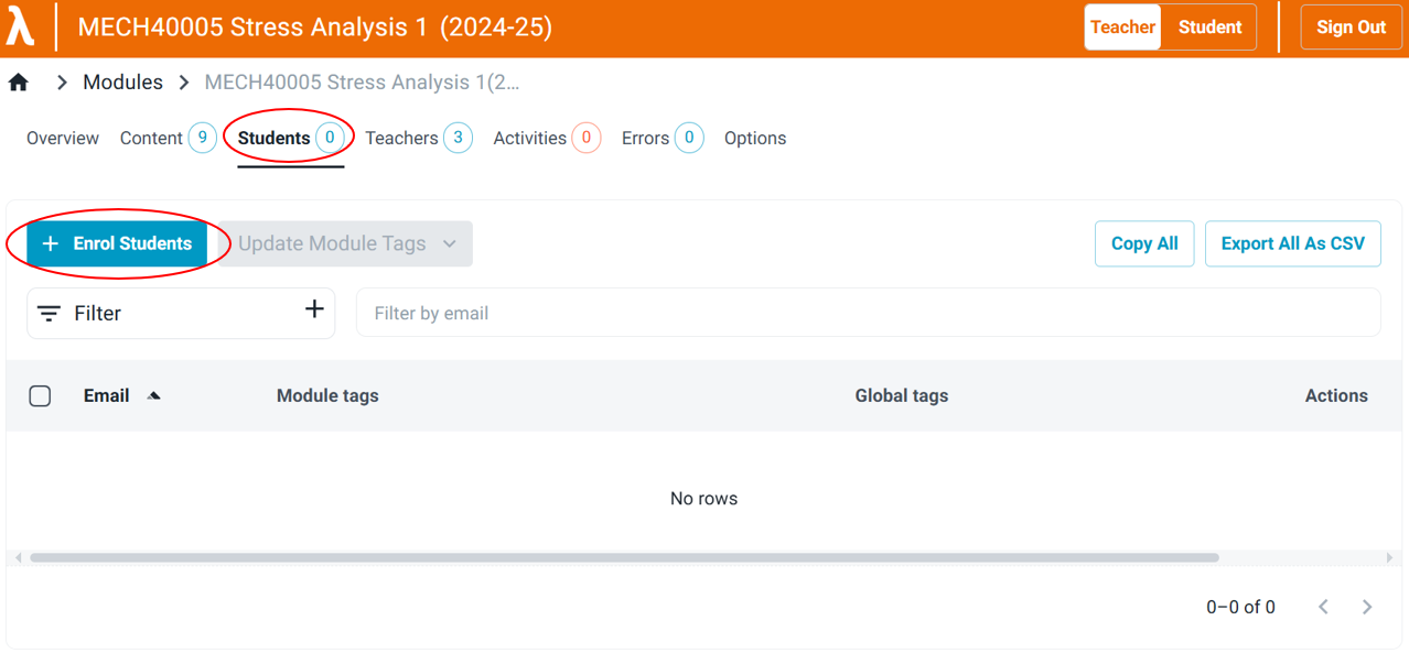 Students tab with the Enrol Students button