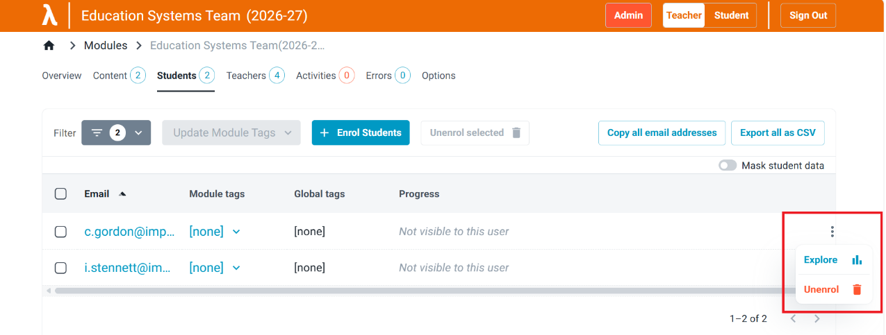 Unenrol option in the student menu